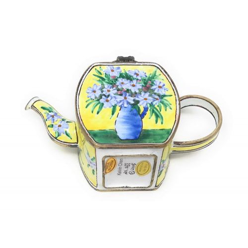  Kelvin Chen White Daisies Enameled Miniature Teapot with Hinged Lid, 4.25 Inches Long