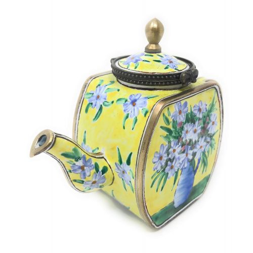  Kelvin Chen White Daisies Enameled Miniature Teapot with Hinged Lid, 4.25 Inches Long