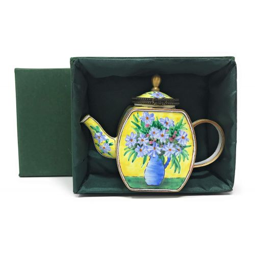  Kelvin Chen White Daisies Enameled Miniature Teapot with Hinged Lid, 4.25 Inches Long