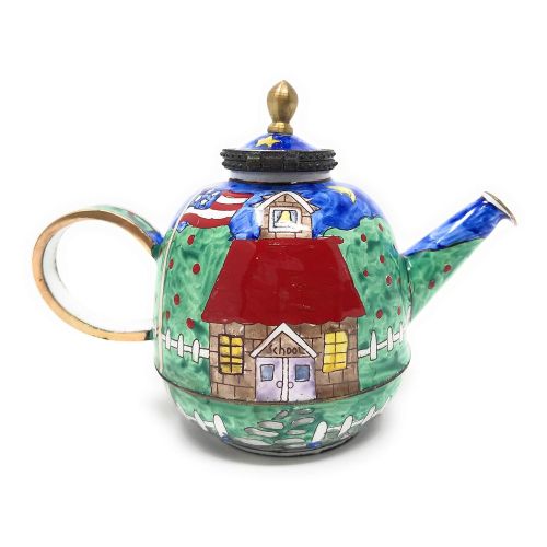  Kelvin Chen Vintage Schoolhouse Enameled Miniature Teapot with Hinged Lid, 4.25 Inches Long