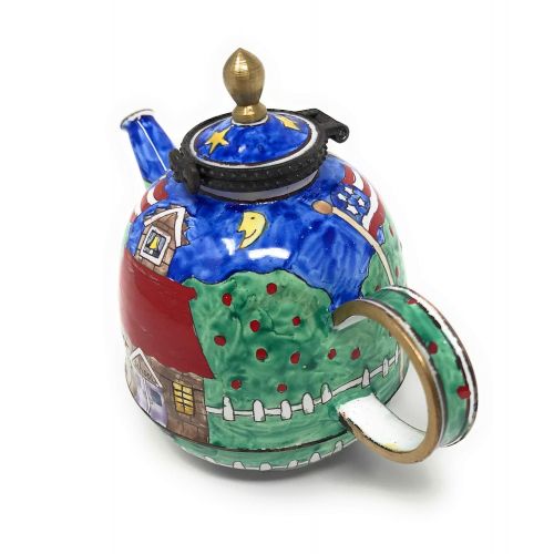  Kelvin Chen Vintage Schoolhouse Enameled Miniature Teapot with Hinged Lid, 4.25 Inches Long
