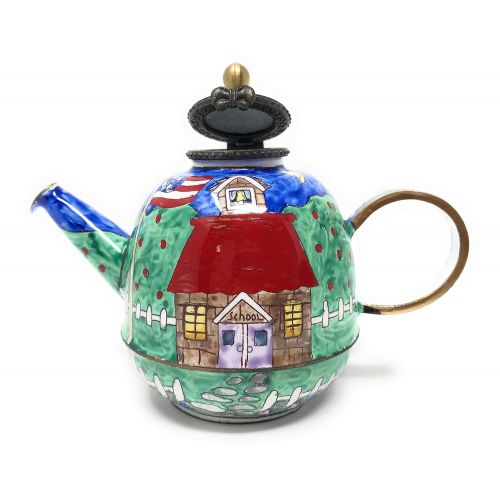  Kelvin Chen Vintage Schoolhouse Enameled Miniature Teapot with Hinged Lid, 4.25 Inches Long