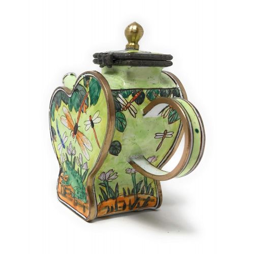 Kelvin Chen Dragonflies and Frog Enameled Miniature Heart Teapot with Hinged Lid, 4.25 Inches Long