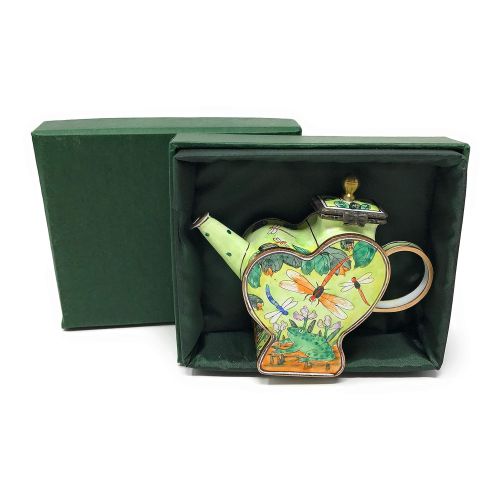  Kelvin Chen Dragonflies and Frog Enameled Miniature Heart Teapot with Hinged Lid, 4.25 Inches Long