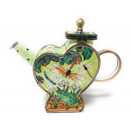  Kelvin Chen Dragonflies and Frog Enameled Miniature Heart Teapot with Hinged Lid, 4.25 Inches Long