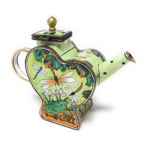  Kelvin Chen Dragonflies and Frog Enameled Miniature Heart Teapot with Hinged Lid, 4.25 Inches Long