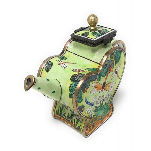  Kelvin Chen Dragonflies and Frog Enameled Miniature Heart Teapot with Hinged Lid, 4.25 Inches Long