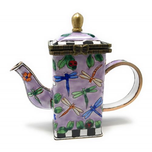  Kelvin Chen Dragonflies Enameled Miniature Hinged Lid Teapot, 3.5 Inches Tall