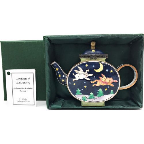  Kelvin Chen Dog and Cat Angels Enameled Miniature Teapot with Hinged Lid, 4.75 Inches Long