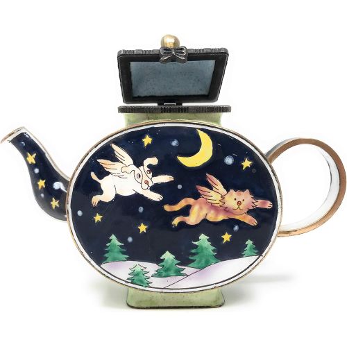  Kelvin Chen Dog and Cat Angels Enameled Miniature Teapot with Hinged Lid, 4.75 Inches Long