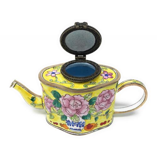  Kelvin Chen Vase of Peony Flowers Enameled Miniature Teapot with Hinged Lid, 5 Inches Long