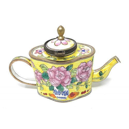  Kelvin Chen Vase of Peony Flowers Enameled Miniature Teapot with Hinged Lid, 5 Inches Long
