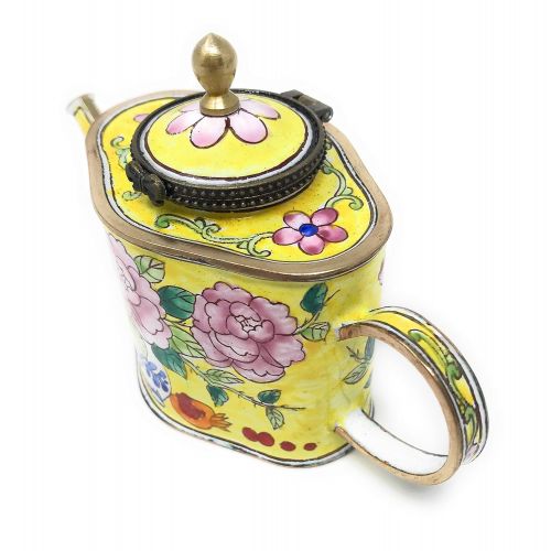  Kelvin Chen Vase of Peony Flowers Enameled Miniature Teapot with Hinged Lid, 5 Inches Long