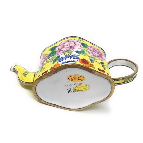  Kelvin Chen Vase of Peony Flowers Enameled Miniature Teapot with Hinged Lid, 5 Inches Long