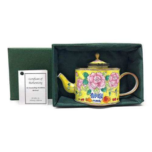  Kelvin Chen Vase of Peony Flowers Enameled Miniature Teapot with Hinged Lid, 5 Inches Long