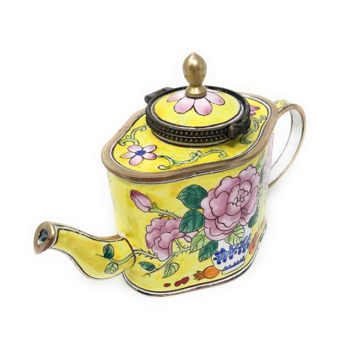  Kelvin Chen Vase of Peony Flowers Enameled Miniature Teapot with Hinged Lid, 5 Inches Long