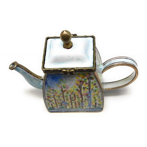  Kelvin Chen Monet Poplars Enameled Miniature Teapot with Hinged Lid, 4 Inches Long