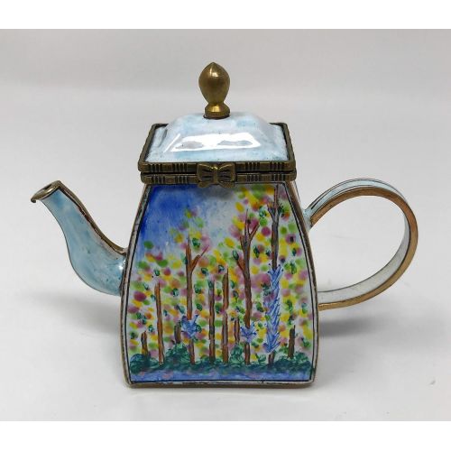  Kelvin Chen Monet Poplars Enameled Miniature Teapot with Hinged Lid, 4 Inches Long