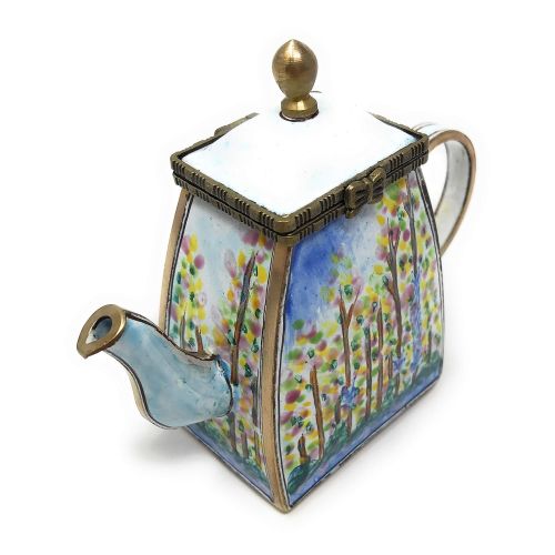  Kelvin Chen Monet Poplars Enameled Miniature Teapot with Hinged Lid, 4 Inches Long