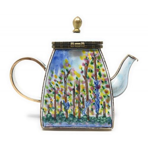  Kelvin Chen Monet Poplars Enameled Miniature Teapot with Hinged Lid, 4 Inches Long