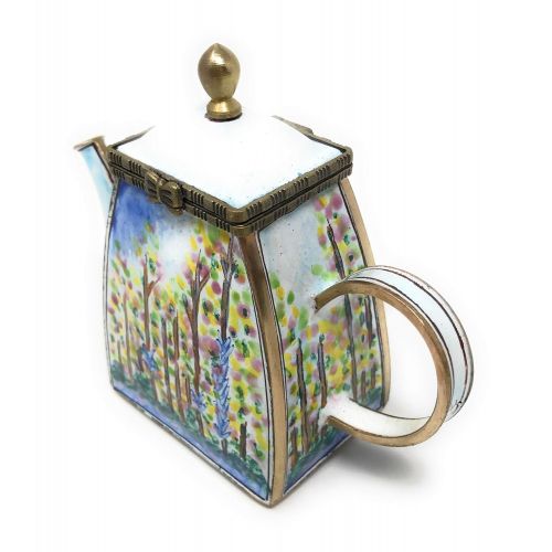  Kelvin Chen Monet Poplars Enameled Miniature Teapot with Hinged Lid, 4 Inches Long