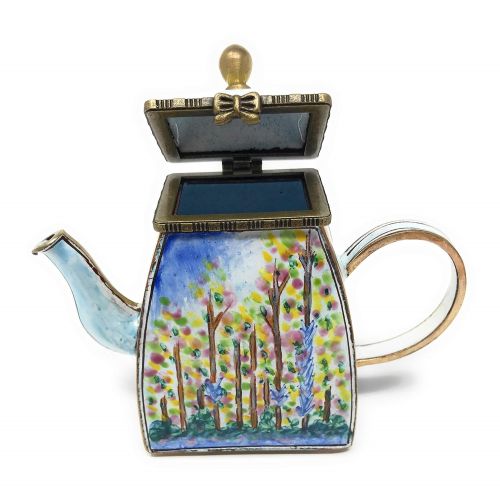  Kelvin Chen Monet Poplars Enameled Miniature Teapot with Hinged Lid, 4 Inches Long