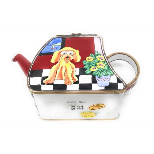  Kelvin Chen Puppy Dog Enameled Miniature Teapot with Hinged Lid, 4.25 Inches Long