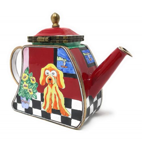  Kelvin Chen Puppy Dog Enameled Miniature Teapot with Hinged Lid, 4.25 Inches Long