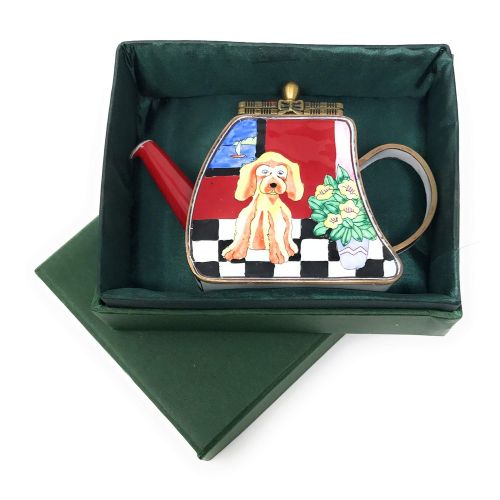  Kelvin Chen Puppy Dog Enameled Miniature Teapot with Hinged Lid, 4.25 Inches Long
