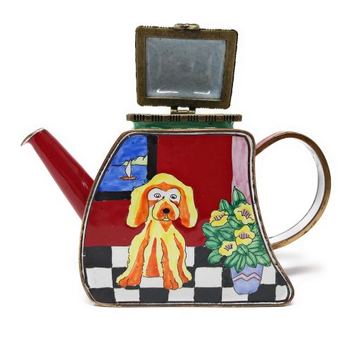  Kelvin Chen Puppy Dog Enameled Miniature Teapot with Hinged Lid, 4.25 Inches Long