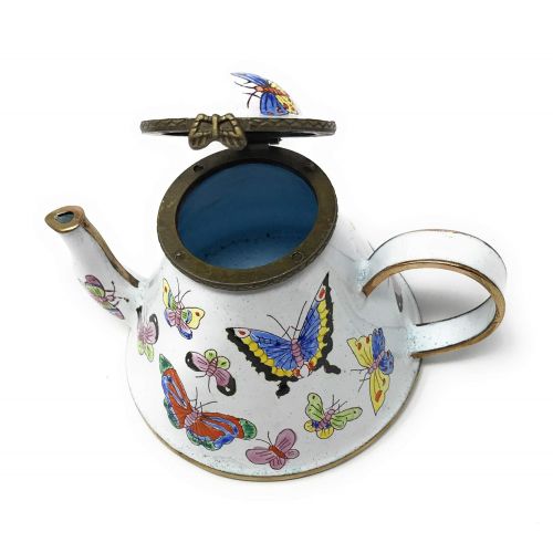  Kelvin Chen Colorful Butterflies Enameled Miniature Teapot with Hinged Lid, 4.25 Inches Long