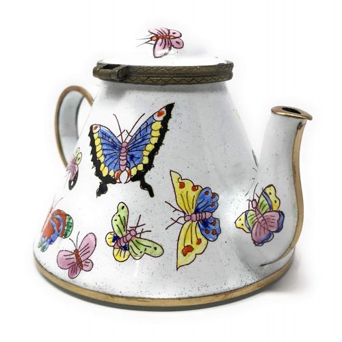  Kelvin Chen Colorful Butterflies Enameled Miniature Teapot with Hinged Lid, 4.25 Inches Long