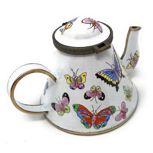  Kelvin Chen Colorful Butterflies Enameled Miniature Teapot with Hinged Lid, 4.25 Inches Long