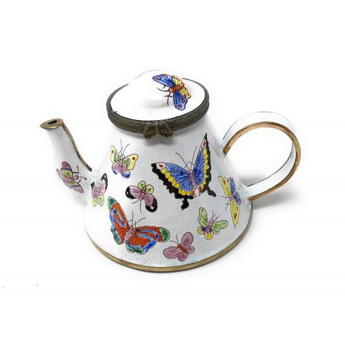  Kelvin Chen Colorful Butterflies Enameled Miniature Teapot with Hinged Lid, 4.25 Inches Long