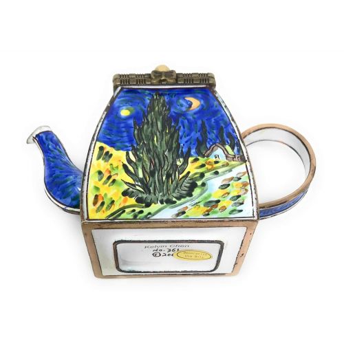  Kelvin Chen Van Gogh Starry Night Enameled Miniature Teapot with Hinged Lid, 4.25 Inches Long