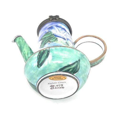  Kelvin Chen La Farges Morning Glory Enameled Miniature Teapot with Hinged Lid, 3.5 Inches Long