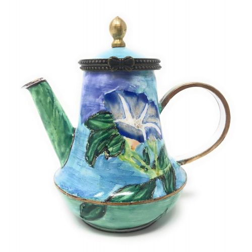  Kelvin Chen La Farges Morning Glory Enameled Miniature Teapot with Hinged Lid, 3.5 Inches Long