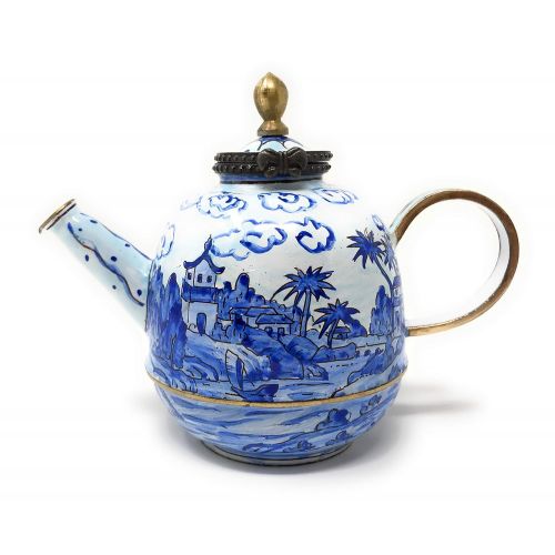  Kelvin Chen Blue and White Asian Temple Enameled Miniature Teapot with Hinged Lid, 4 Inches Long