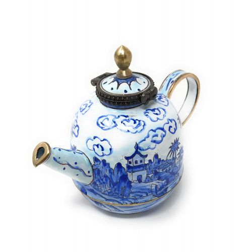  Kelvin Chen Blue and White Asian Temple Enameled Miniature Teapot with Hinged Lid, 4 Inches Long