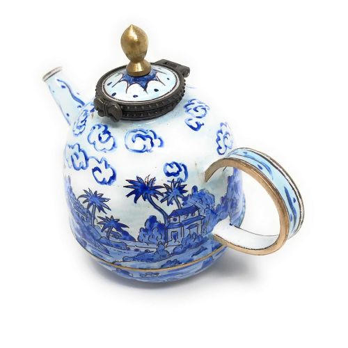  Kelvin Chen Blue and White Asian Temple Enameled Miniature Teapot with Hinged Lid, 4 Inches Long