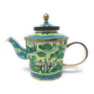 Kelvin Chen Frogs on Lily Pond Enameled Miniature Teapot Hinged Lid, 4.25 Inches Long