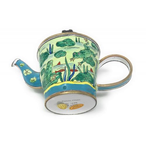  Kelvin Chen Frogs on Lily Pond Enameled Miniature Teapot Hinged Lid, 4.25 Inches Long