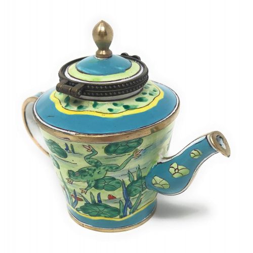  Kelvin Chen Frogs on Lily Pond Enameled Miniature Teapot Hinged Lid, 4.25 Inches Long