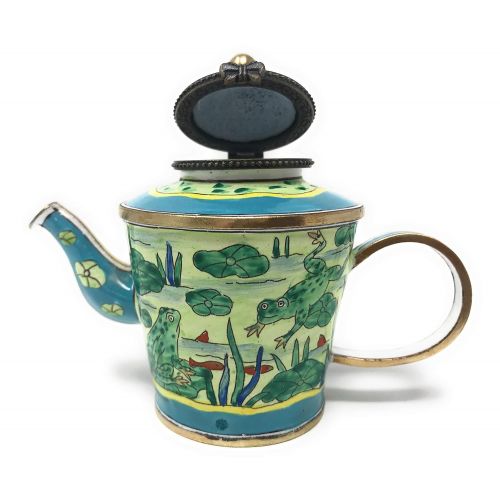  Kelvin Chen Frogs on Lily Pond Enameled Miniature Teapot Hinged Lid, 4.25 Inches Long