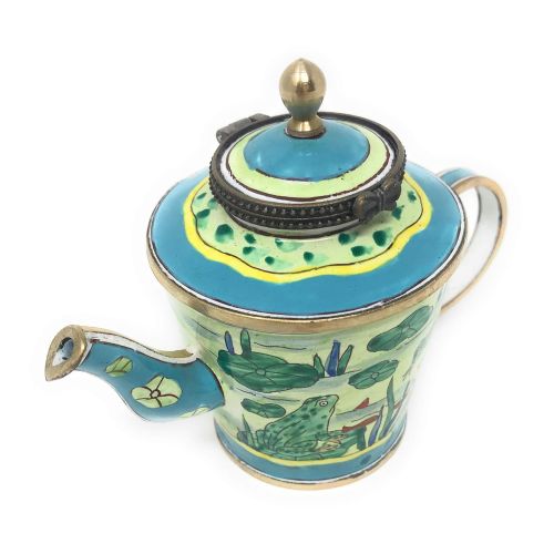  Kelvin Chen Frogs on Lily Pond Enameled Miniature Teapot Hinged Lid, 4.25 Inches Long