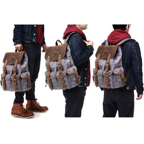  [아마존 핫딜]  [아마존핫딜]Kemy's Kemys Mens Waxed Canvas Backpack Leather Rucksack for Men Wax Leather Backpacks Travel Vintage Bookbag with Laptop Compartment Rustic Large Waterproof Grey Easter Gifts