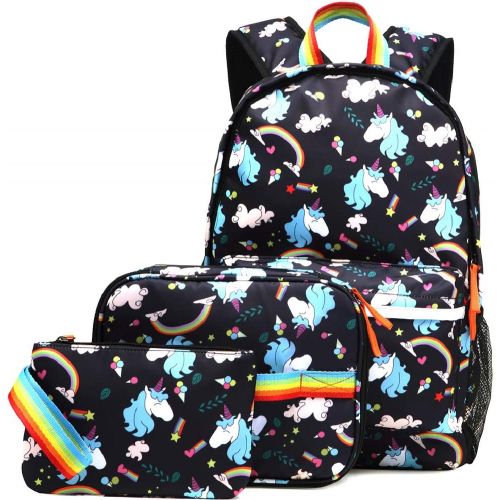  [아마존 핫딜]  [아마존핫딜]Kemys Unicorn Backpack for Girls School Bookbag 3 Pieces Cute Inicorn Rainbow Book Bags 14inch Laptop Bag for Girl, Black