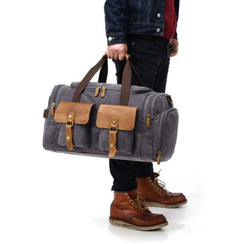  Kemys Canvas Duffle Bag Oversized Genuine Leather Weekend Bags for Men and Women