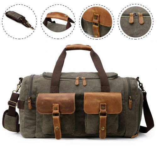  Kemys Canvas Duffle Bag Oversized Genuine Leather Weekend Bags for Men and Women