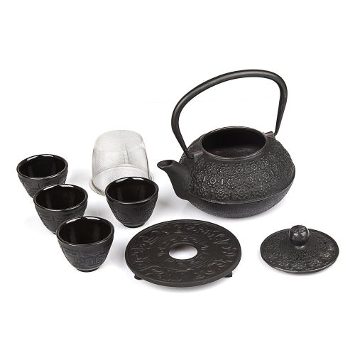  Kendal 6 piece Japanese Cast Iron Pot Tea Set Black w/Trivet (30 oz 900YH)